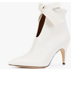 XYD White Pointed Toe Ankle Booties Dress Mid Heels Graceful Bow Pull-on Boots